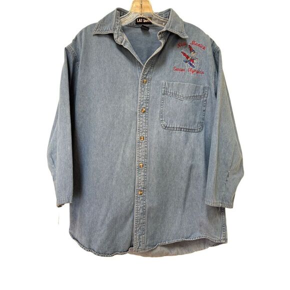 L.A.T Sport women’s M New Mexico Senior Olympics blue denim 100% cotton button u - Picture 2 of 6
